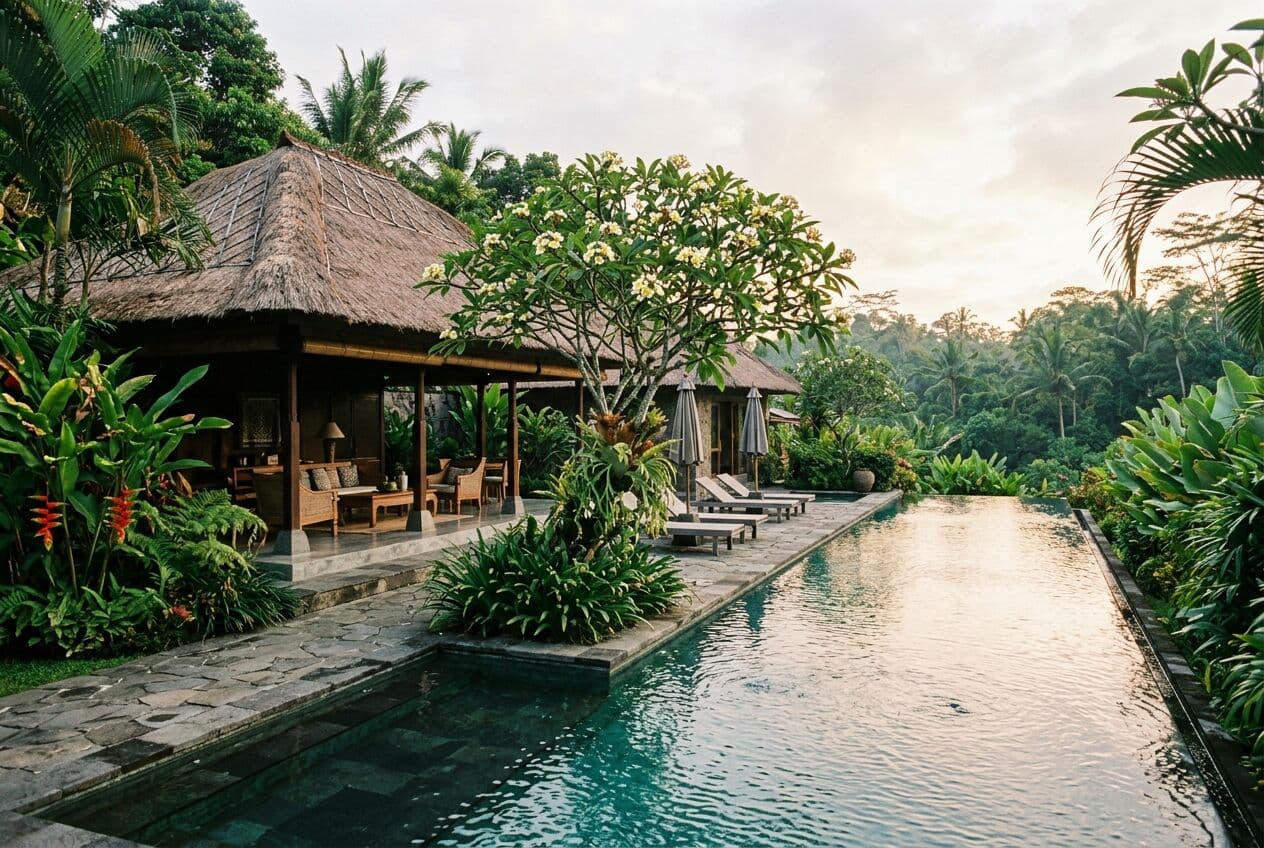 Illustration of a Bali holiday villa with a long pool, thatched roof and tropical garden in early morning light.