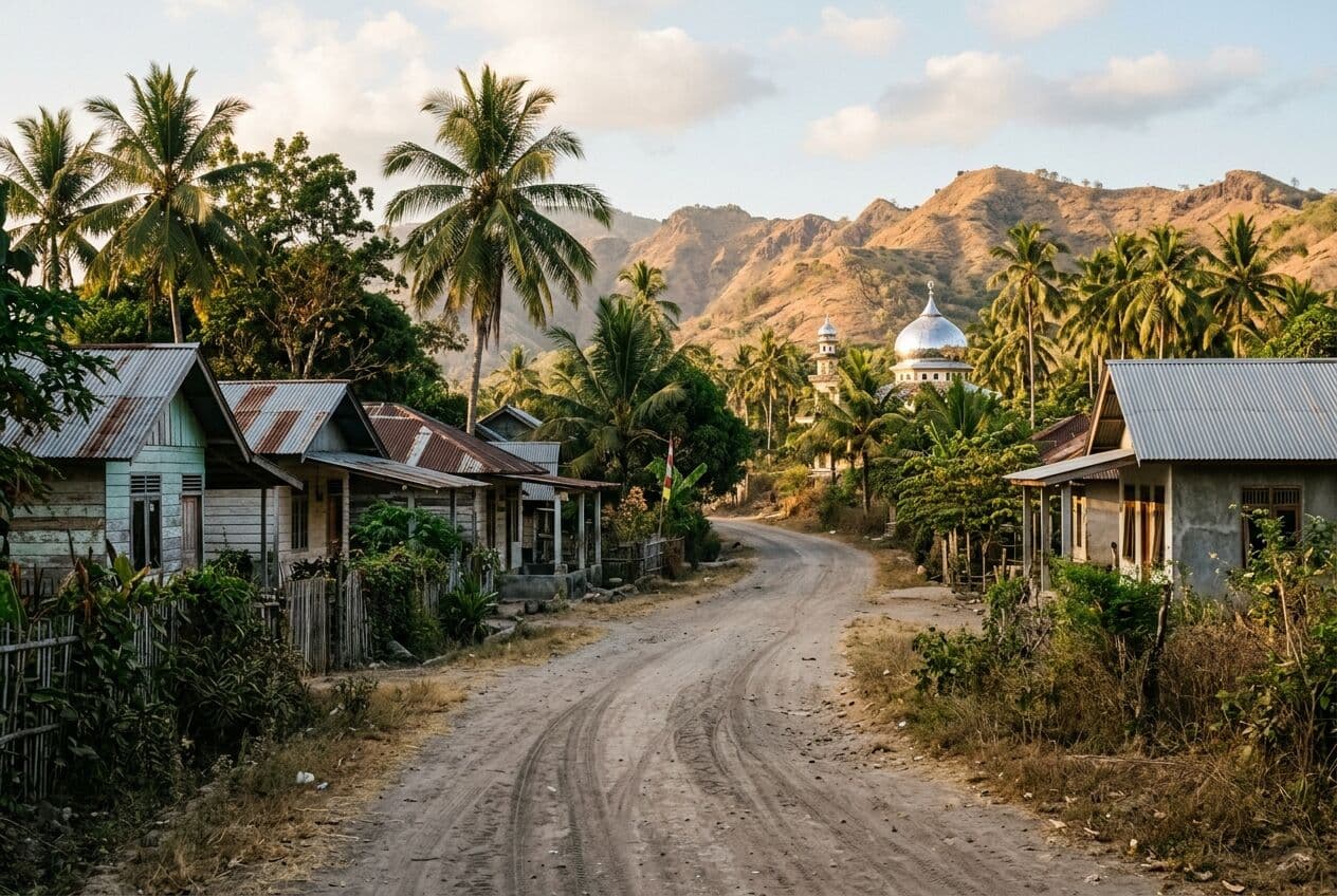 Illustration of a quiet village road in Buwun Mas, West Lombok, with coconut palms, tin-roofed houses and a mosque dome in the distance.