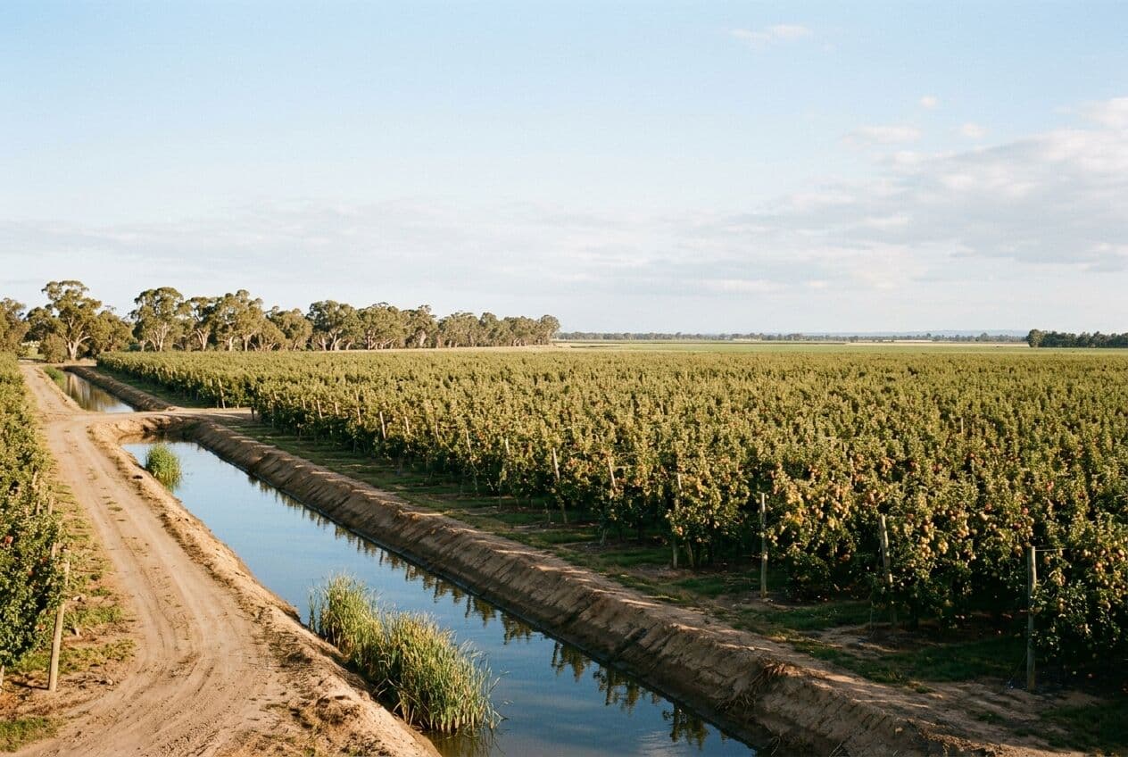 Illustration of orchard rows and an irrigation channel in the Goulburn Valley near Shepparton, Victoria, in late afternoon light.