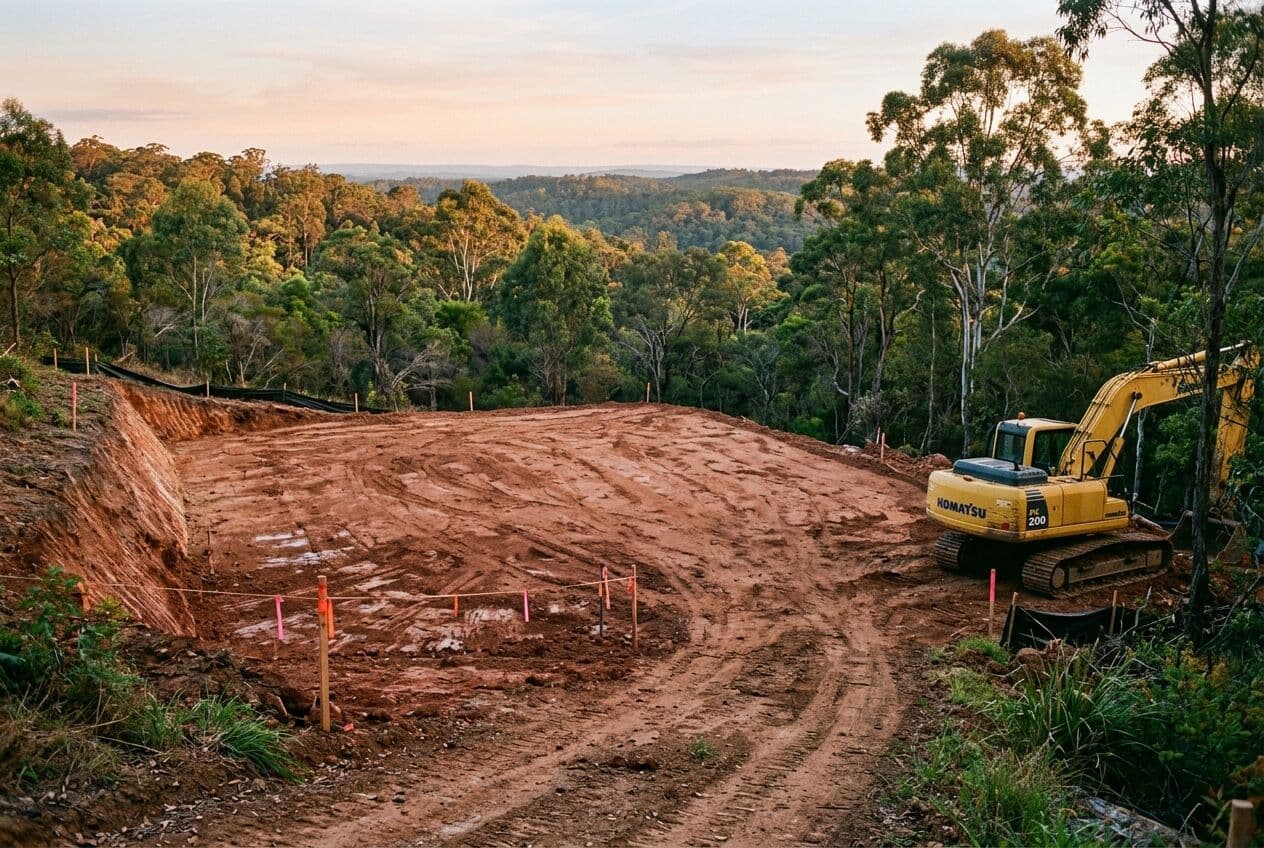Illustration of a freshly cut and levelled house site on a sloping bush block with an excavator parked at the edge, at dawn.