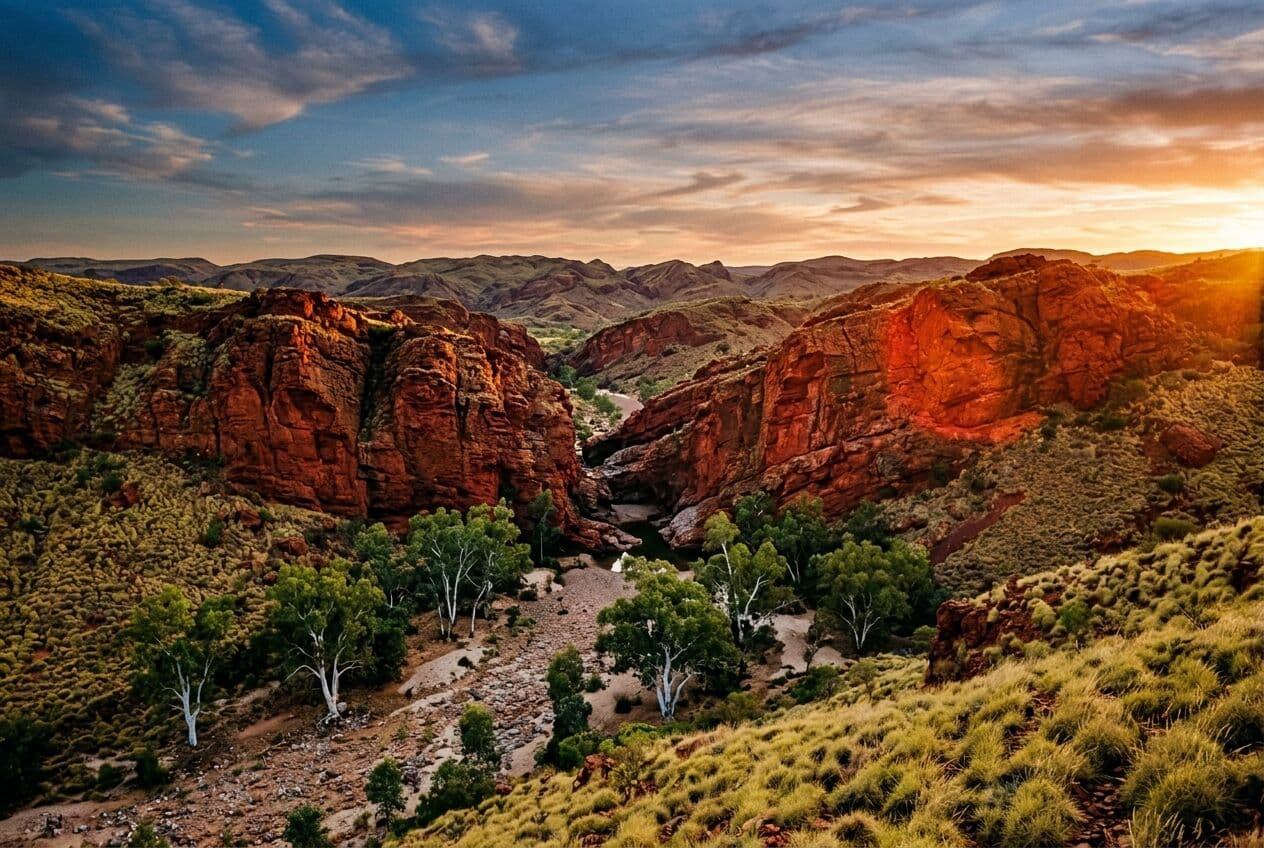 Illustration of a red rock gorge with spinifex and white-trunked gums in the Pilbara, Western Australia, at sunset.
