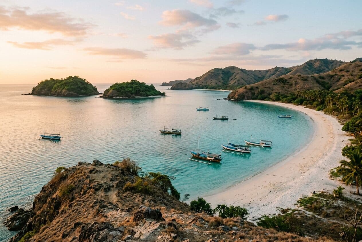 Illustration of a calm turquoise bay with white sand, small islands offshore and fishing boats on the Sekotong peninsula, West Lombok, at golden hour.