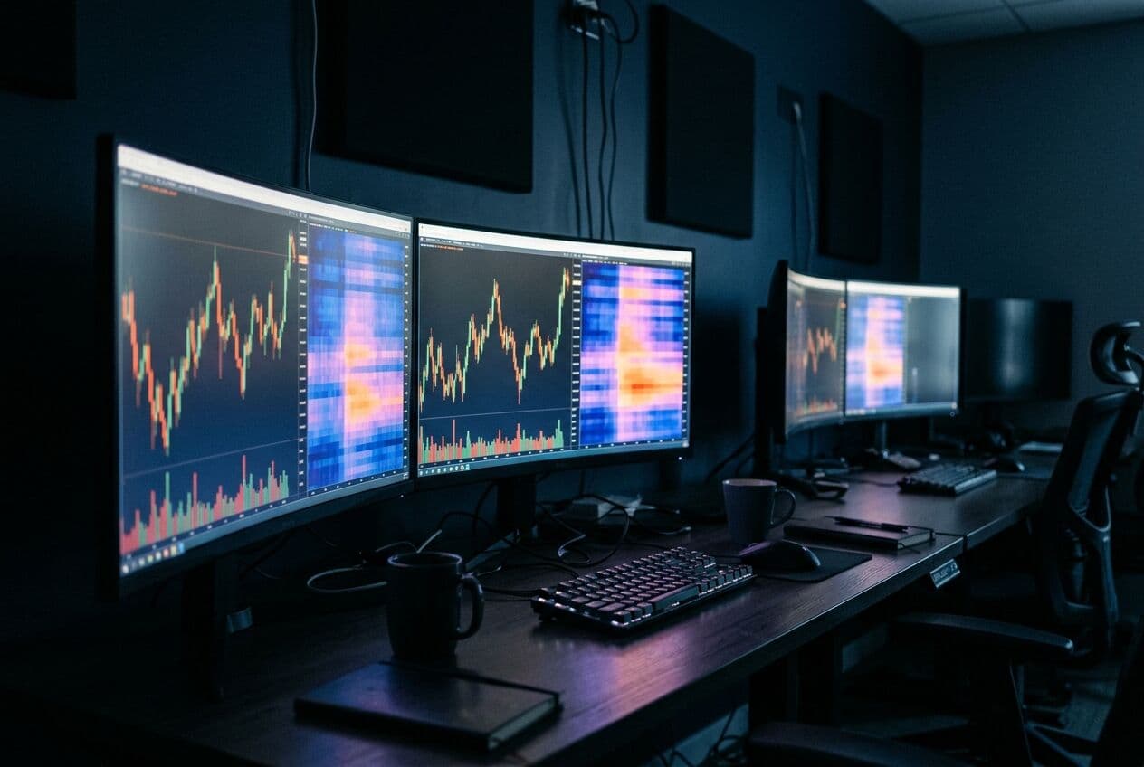 Illustration of a dark research room with three monitors showing abstract market charts in glowing colours.